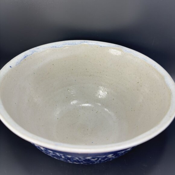 Vintage Hand Made Stoneware Pottery Dish Bowl Hand Glazed Blue Sponge ware Bowl - Picture 10 of 15
